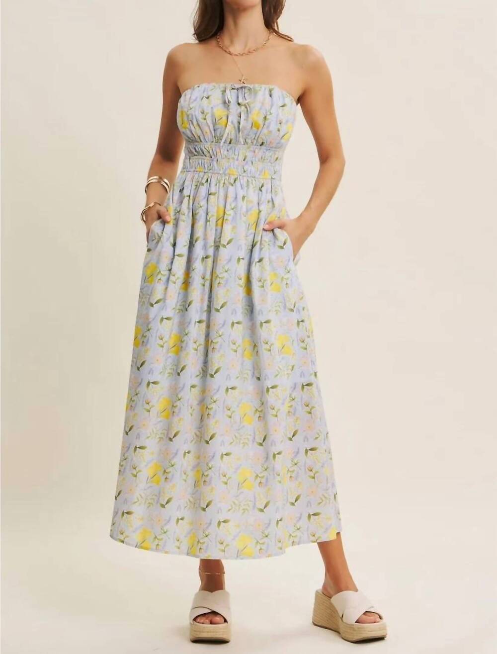 NEW IN FEBRUARY lemon blossom tube cotton midi dress in blue